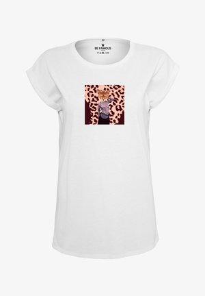 White T-shirt with rolled sleeves featuring a square graphic of a cat wearing a striped shirt, set against a leopard print background.