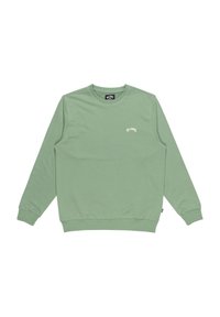 Helles grünes Sweatshirt mit Rundkragen, gerippten Bündchen und Saum, versehen mit einem kleinen weißen gestickten Logo auf der Brust.