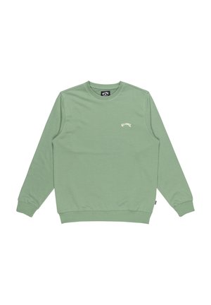 Jasnozielony sweatshirt z okrągłym dekoltem, ściągaczami przy rękawach i u dołu, z małym białym haftowanym logo na klatce piersiowej.
