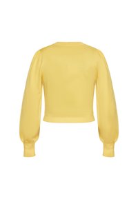 Maglione giallo corto con maniche a sbuffo lunghe, polsini e orlo a coste, caratterizzato da una texture lavorata a maglia liscia e da un colletto rotondo.