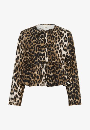 Leopard-print peplum jacket with black and gold tones, featuring a gathered waist, long sleeves, and two bows at the front closure.