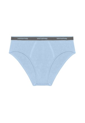 Hellblaue Baumwollunterwäsche mit grauem Bund, der das "yamamay"-Logo trägt. Das Design umfasst eine glatte Textur und eine klassische Slipform.