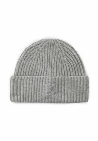 Gray knitted beanie with ribbed texture and folded cuff. Features an embroidered flower design on the cuff. Soft fabric with slight stretch.