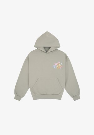 Light gray hooded sweatshirt with front pocket and colorful "Wrst Bhvr" text design on the upper left chest.