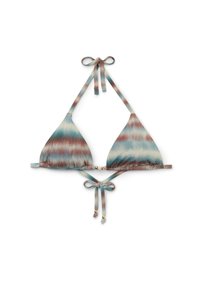 Top bikini triangolo in una combinazione di blu e ruggine. Presenta lacci regolabili e bordi arricciati con piccoli dettagli dorati.