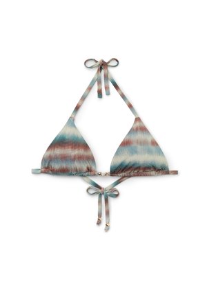 Dreieckiger Bikini-Oberteil in einer gemischten Farbgebung aus Blau und Rost. Verfügt über verstellbare Bänder und geraffte Kanten mit kleinen goldenen Akzenten.