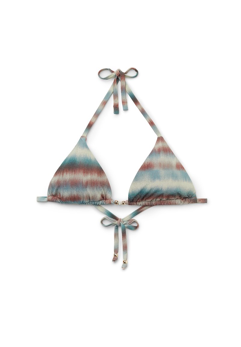 Triangularny stanik bikini w połączeniu kolorów niebieskiego i rdzawego. Posiada regulowane ramiączka oraz marszczenia z małymi złotymi akcentami.