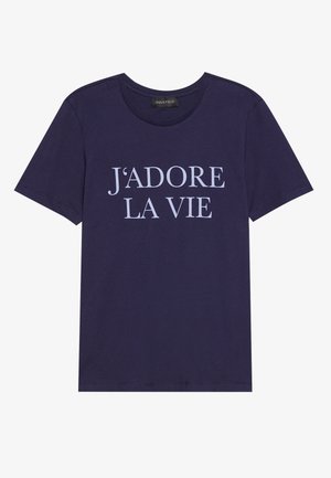 Navy blue cotton t-shirt with short sleeves and a crew neckline, featuring the text "J'ADORE LA VIE" in light blue.