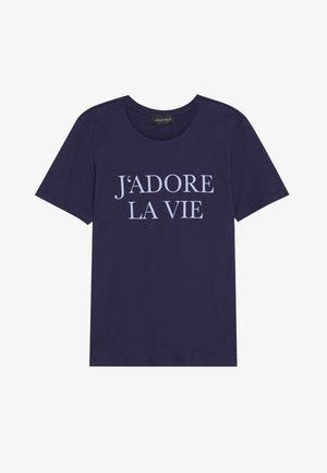 Navy blue cotton t-shirt with short sleeves and a crew neckline, featuring the text "J'ADORE LA VIE" in light blue.