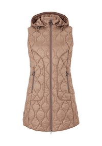 Gilet senza maniche trapuntato in tessuto color beige con cappuccio, due tasche laterali con zip e una zip frontale. Presenta un motivo a onde testurizzato.