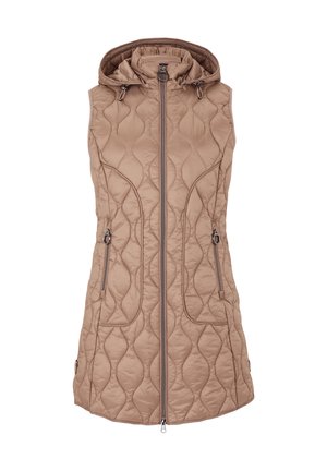 Gilet senza maniche trapuntato in tessuto color beige con cappuccio, due tasche laterali con zip e una zip frontale. Presenta un motivo a onde testurizzato.