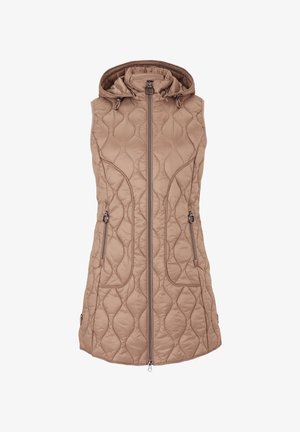 Gepolsterte, ärmellose Weste aus khakifarbigem Stoff mit Kapuze, zwei seitlichen Reißverschlusstaschen und einem Frontreißverschluss. Sie hat ein strukturiertes Wellenmuster.