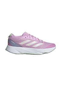 Chaussure de course légère rose avec semelle blanche, empeigne perforée, bandes blanches Adidas et étiquette "ADIZERO SL" sur la zone du talon.