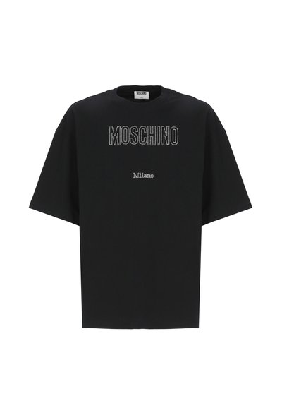 T-shirt nera in cotone con maniche corte, scollo rotondo e testo "MOSCHINO Milano" embellito con strass bianchi sulla parte anteriore.