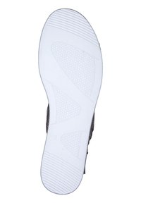 Schuhsohle mit einer weißen Gummibasis, strukturiert für Grip, mit einem hexagonalen Muster und einem grauen Obermaterial. Größe '42' an der Kante markiert.