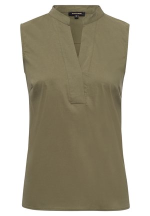 Débardeur olive sans manches avec un col en V, en tissu lisse ; présente une coupe décontractée et sans embellissements visibles.