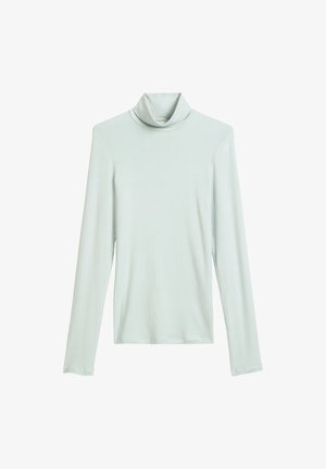 Helles Minzgrün Rollkragenoberteil aus weichem, dehnbarem Material. Hat lange Ärmel und ein figurbetontes Design mit einem hohen, gerollten Ausschnitt.