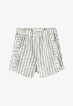 Shorts pour enfants à rayures verticales gris clair et blanc avec coutures latérales froncées et taille élastique.