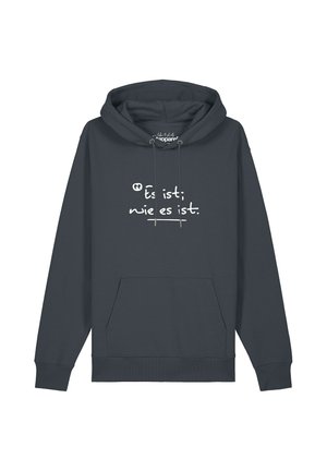 Dunkelgraues Kapuzensweatshirt mit Fronttasche und weiß bedrucktem deutschen Text mit der Aufschrift "Es ist; wie es ist."