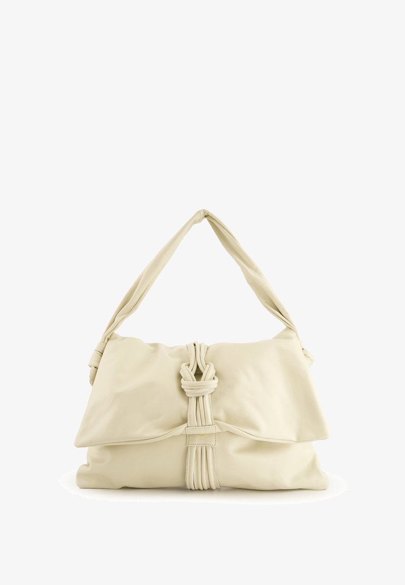 Cream-colored leather handbag with a knotted accent at front, a soft shape, and a single shoulder strap. Smooth texture throughout.