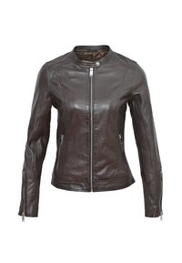 Hnědá kožená bunda s přiléhavým střihem, zapínáním na zip a bočními kapsami. Má hladkou texturu a decentní švy.