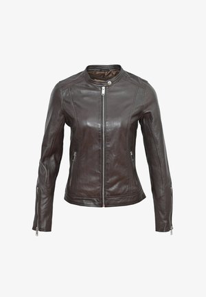 Bruine leren jas met een getailleerd design, ritssluiting aan de voorkant en zijzakken. Beschikt over een soepele textuur en subtiele stiksels.