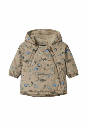 Beige hoodie met dinosaurussenprint in blauw en groen, met een voorzak en een fluffy voering voor warmte. Inclusief elastische manchetten.