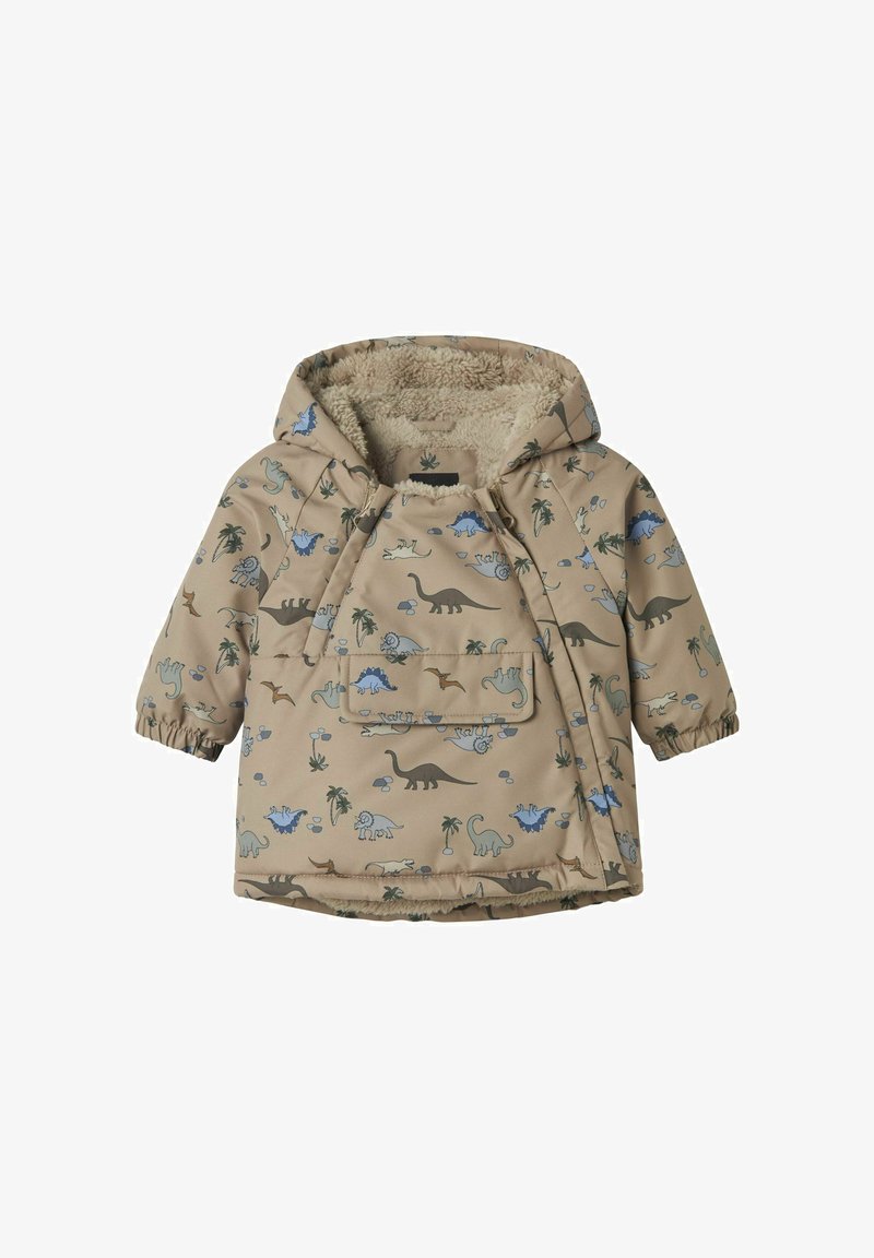 Bežs kapuci žakets ar dinozauru druku zilā un zaļā krāsā, ar priekšējo kabatu un pūkainu oderi siltumam. Iekļautas elastīgas aproces.