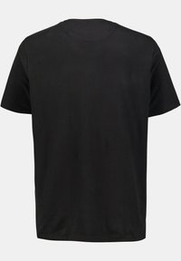 Schwarzes Crew-Neck-T-Shirt aus Baumwolle, kurze Ärmel, gerader Schnitt, glatte Textur, keine sichtbaren Muster oder Akzente. Schlichte Rückansicht.
