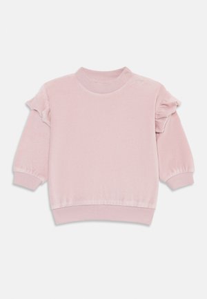 Felpa rosa realizzata in tessuto morbido, con dettagli arricciati sulle maniche e un collo e orlo a coste. Include un dettaglio con bottone sulla spalla.