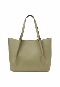 Sac fourre-tout en cuir vert olive avec une finition texturée, ouverture large en haut et fines anses. Design minimaliste sans matériel ni accents visibles.