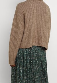 Ruskea ribbineulottu lyhyt neulepaita korkealla kauluksella, yhdistetty vihreään pliseerattuun hameeseen, jossa on monivärinen pilkullinen kuvio.