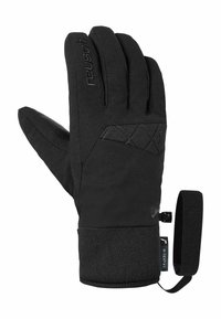 Zwarte geïsoleerde handschoen met een gestructureerde afwerking, voorzien van een diagonaal gestikt patroon, een elastische polsband en een stevige riem.