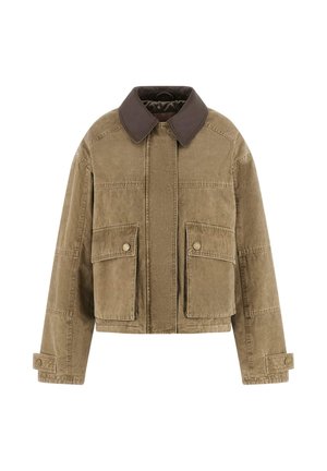 Kaki cropped jas van gestructureerde stof, met een donkerbruine kraag, twee zakken aan de voorkant en knoopsluitingen aan de mouwen.