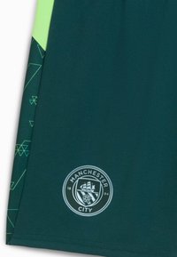 Manchester City-shorts i mörkgrön med ett geometriskt mönster i ljusgrön. Har en framträdande klubb-logotyp vid nederkanten.