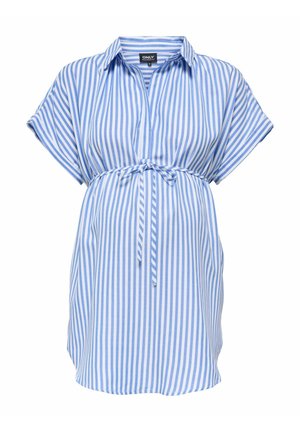 Blau-weiß gestreiftes Umstandskleid mit kurzen Ärmeln, Kragen, V-Ausschnitt und Bindegürtel in der Taille.