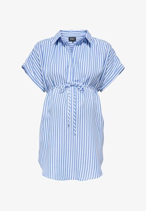 Blau-weiß gestreiftes Umstandskleid mit kurzen Ärmeln, Kragen, V-Ausschnitt und Bindegürtel in der Taille.