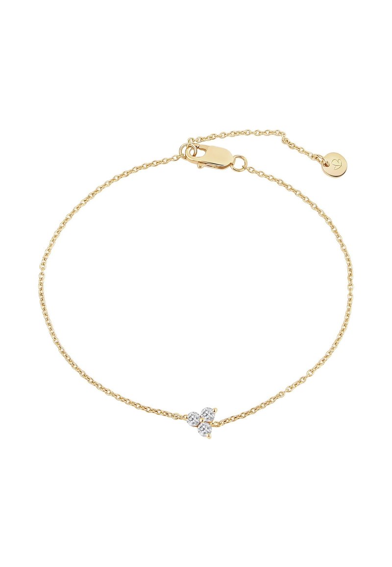 Pulsera de cadena dorada con diseño retorcido. Cuenta con un pequeño adorno de cristal en forma de flor en el centro. Cierre de langosta.