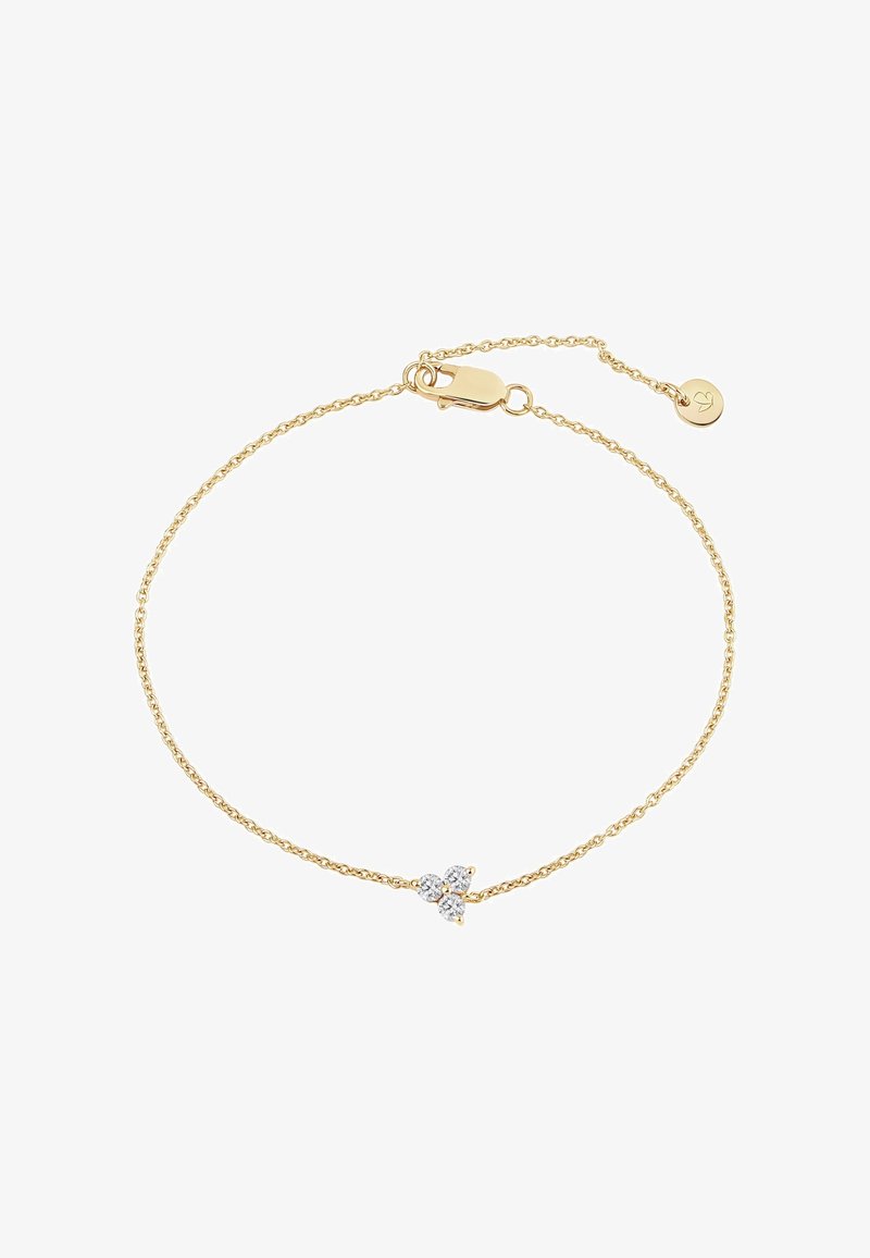 Guldarmbånd med kæde og snoet design. Har en lille krystaldekoration formet som en blomst i midten. Lukkes med en karabinlås.