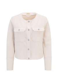 Beige Wildlederjacke mit Druckknöpfen, zwei Brusttaschen und rundem Ausschnitt. Verfügt über einen leichten Glanz und eine glatte Textur.