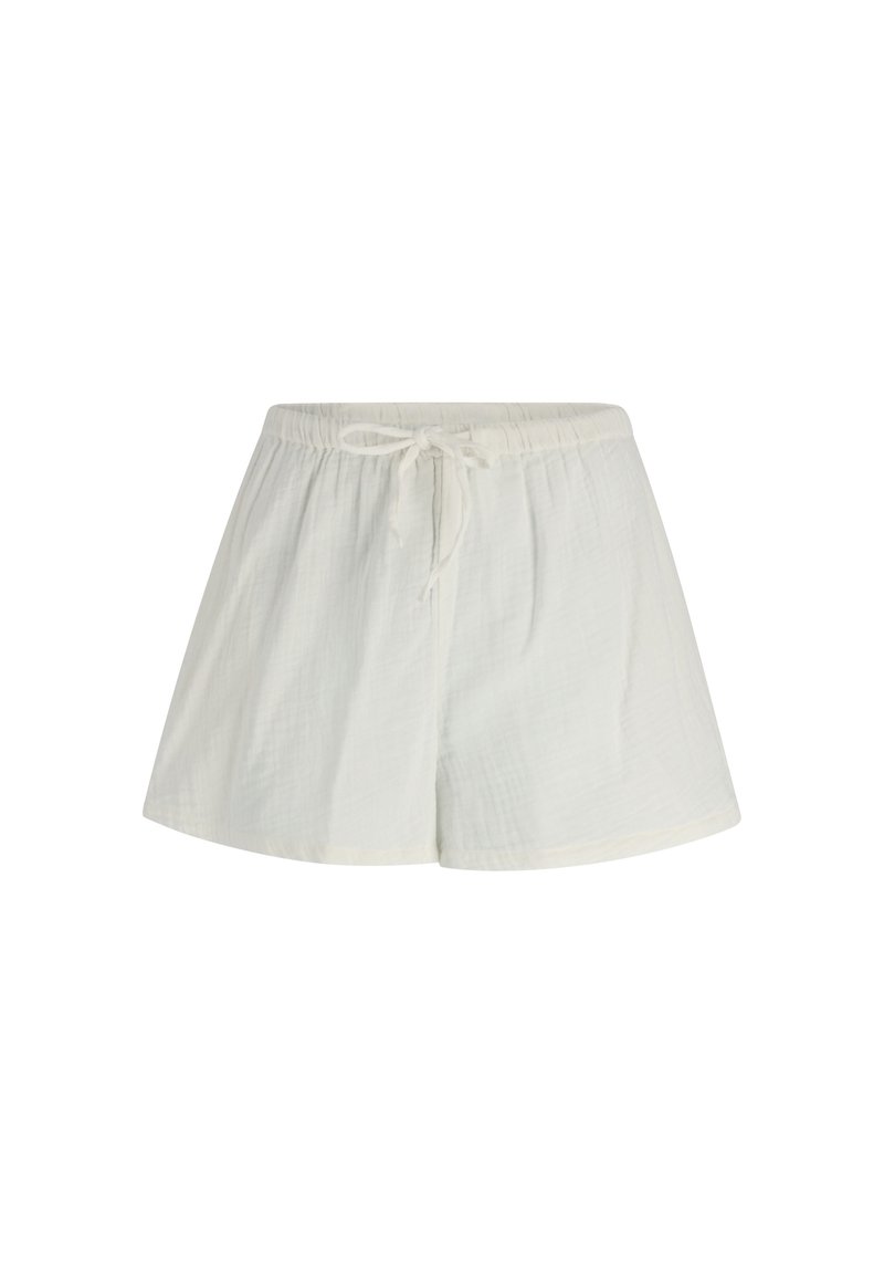 Weiße Baumwollshorts mit lockerer Passform, ausgestattet mit einem elastischen Taillenbund und einer Kordel, glatter Textur und einem schlichten Design.