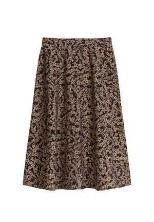 Schwarzer A-Linien-Rock mit beigem Blumenmuster, knielang, mit Taillenbund, flach auf weißem Hintergrund präsentiert.