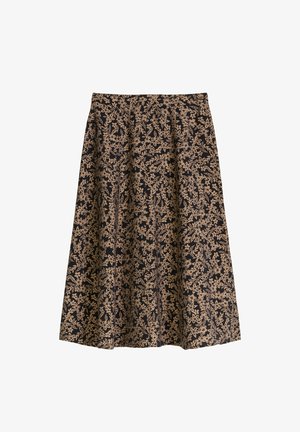 Schwarzer A-Linien-Rock mit beigem Blumenmuster, knielang, mit Taillenbund, flach auf weißem Hintergrund präsentiert.