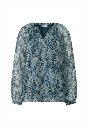 Lightweight, sheer blouse in a blue and cream snake print. Features a V-neck, long sleeves with elastic cuffs, and drawstring accents.