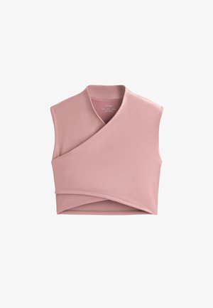 Hellrosa geripptes Crop-Top mit Wickeldesign und ärmellos. Verfügt über einen weiten Ausschnitt und eine glatte Textur. Geeignet zum Schichten.