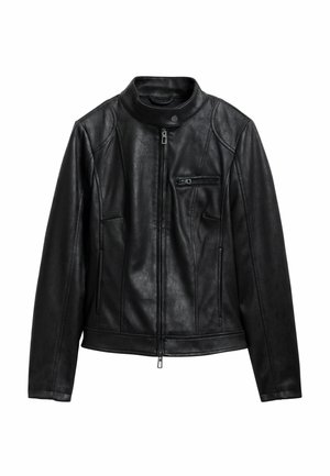Giacca in ecopelle nera con colletto, chiusura frontale con zip e tasca sul petto con zip. Presenta dettagli delle cuciture e una silhouette aderente.