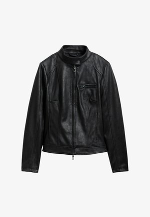 Must musta nahkjakker, millel on krae, ees lukk ja lukuga rinnatasku. Sisaldab õmblustega detaile ja sale siluett.