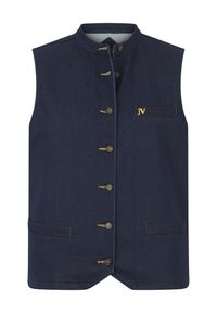 Marineblaues Denim-Weste mit hohem Kragen, goldener Knopfleiste, Fronttasche und gesticktem "JV"-Logo auf der linken Seite. Glatte Textur.