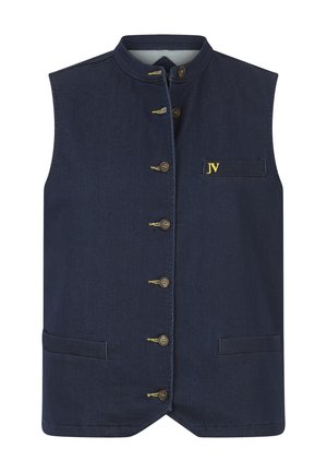 Marineblaues Denim-Weste mit hohem Kragen, goldener Knopfleiste, Fronttasche und gesticktem "JV"-Logo auf der linken Seite. Glatte Textur.