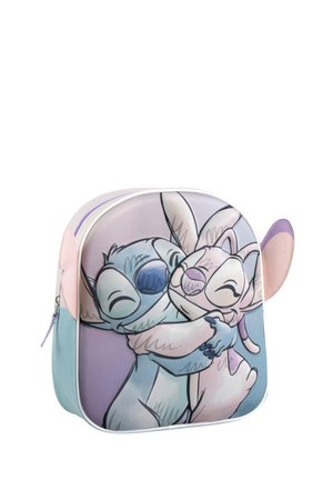 Kleine rugzak met de personages Stitch en Angel die elkaar omhelzen, in pastelkleuren en met ritsen met oren aan de zijkanten.